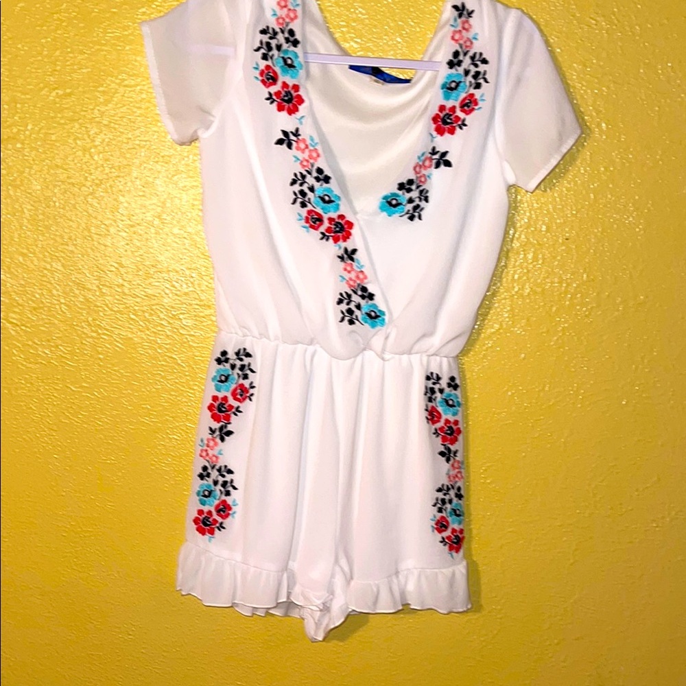 Blue Rain White and Red Jumpsuit with Floral Embroidery